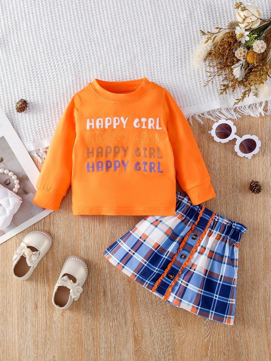 女嬰字母圖案T恤和格紋印花紙袋腰半身裙