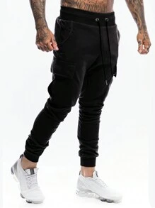 ROMWE MEN Street Life 男式闪电印花抽绳腰部翻盖口袋侧运动裤，学校