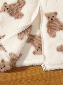 SHEIN 女大童熊圖案拉鏈開襟毛絨夾克 - 米色 - 查看 6