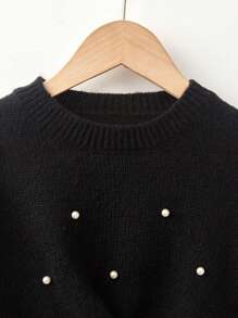 SHEIN Tween Girl Pearls Beaded Twist Hem Sweater - Black - View 6