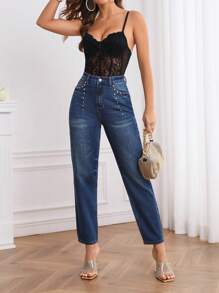 High Waist Button Detail Skinny Jeans - Blue - View 6