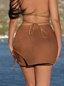 SHEIN SXY Drawstring Side Solid Skort - Brown - View 2