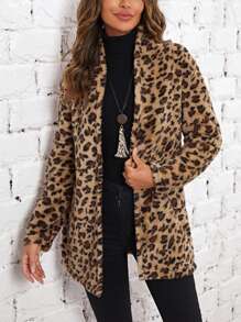EMERY ROSE Leopard Open Front Teddy Coat - Multicolor - View 1