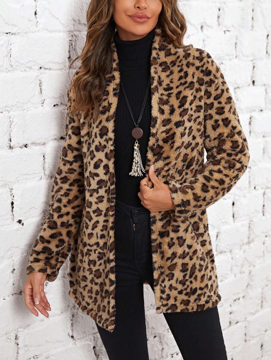 EMERY ROSE Leopard Open Front Teddy Coat - Multicolor - View 1