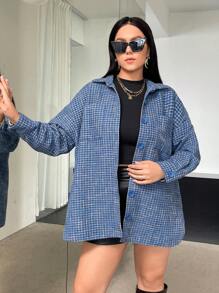 SHEIN Essnce Plus Plaid Print Drop Shoulder Overcoat - Blue - View 1