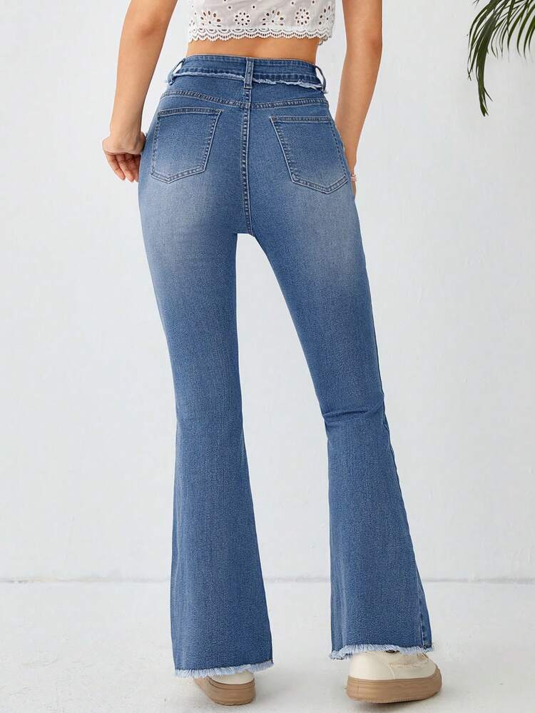 High Waist Raw Trim Flare Leg Jeans