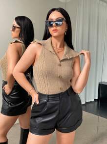 SHEIN Essnce Plus Button Front Cable Knit Top - Camel - View 1