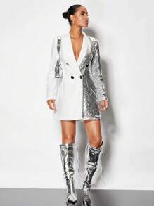SHEIN BAE Contrast Sequin Double Breasted Blazer Dress - White - View 5