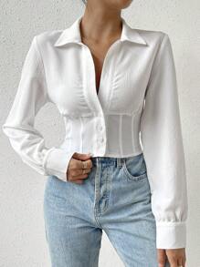 SHEIN Essnce Solid Button Front Shirt - White - View 3