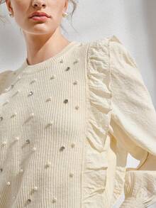 Anewsta Top con mangas con volantes y ribete de volantes con cuentas de perlas