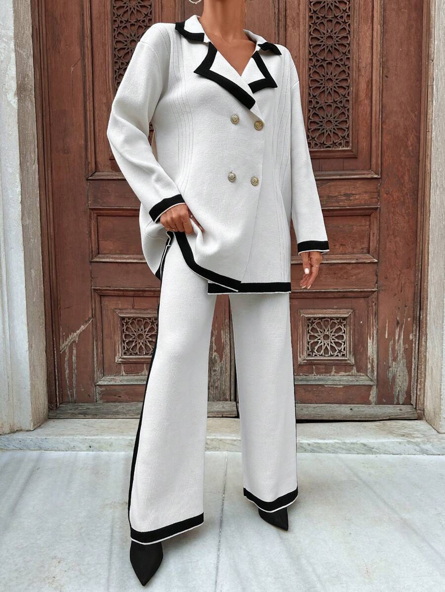 EURMUSE Contrast Trim Double Breasted Cardigan & Knit Pants - Black and White - View 1
