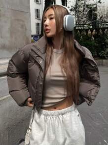 DAZY Drawstring Hem Drop Shoulder Padded Thick Coat, Women Winter Coat Jacket