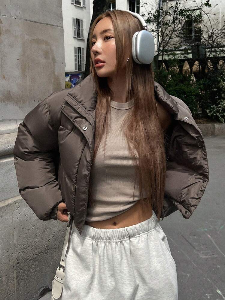 DAZY Casaco Acolchoado de Ombro Caído com Bainha de Cordão, Casaco de Inverno Feminino - Café - Visão 6