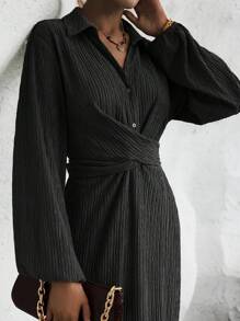 SHEIN Clasi Lantern Sleeve Wrap Hem Tie Back Dress - Black - View 3