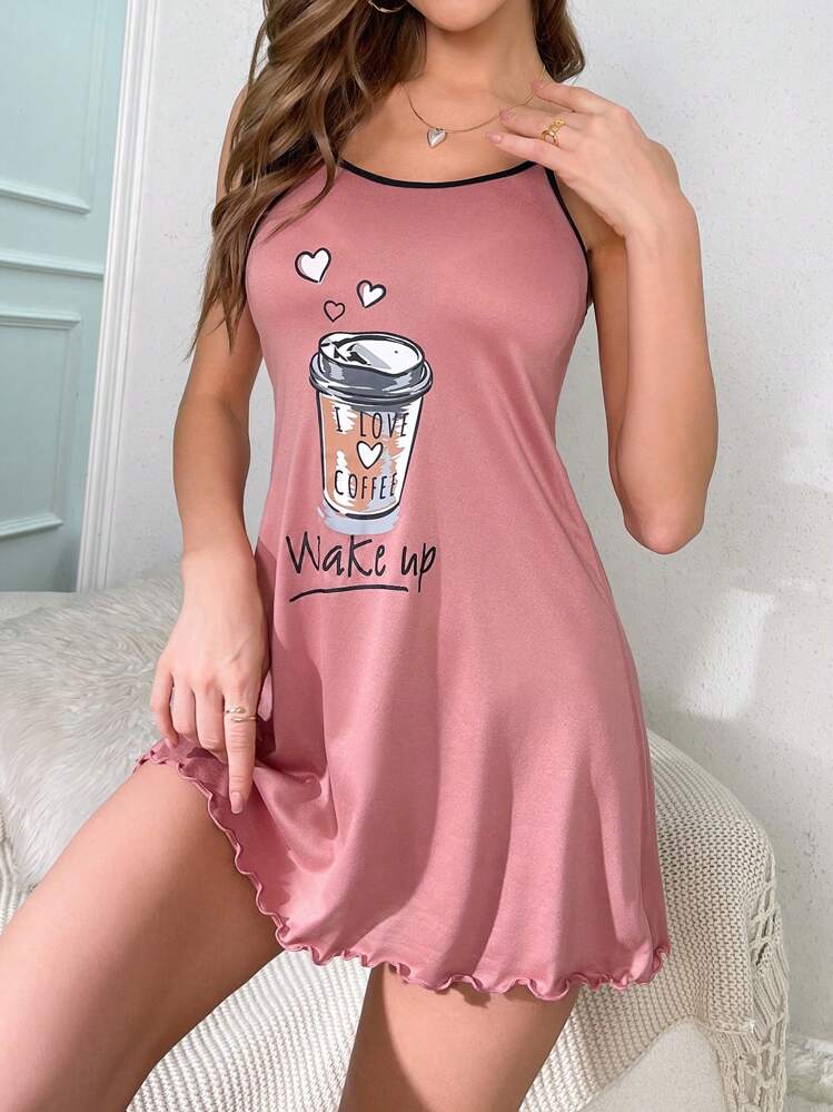 Camisón de pijama con estampado de letras y corazones, ribete de lechuga y unión en contraste - Café integral - Añade 3