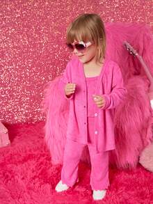 Baby Girl Solid Cami Top & Flare Leg Pants & Coat - Hot Pink - View 5