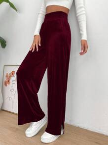 SHEIN Essnce 高腰開衩下擺直筒褲 - 酒紅色 - 查看 3