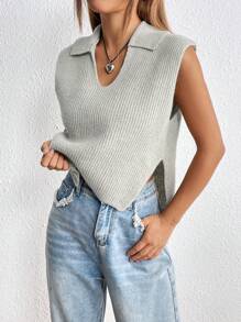 SHEIN Unity Solid Ribbed Knit Split Hem Sweater Vest - Grey - View 5