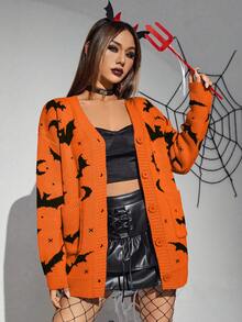 PUNK Cárdigan Halloween con patrón de murciélago de hombros caídos con botón delantero - Naranja - Ver 4