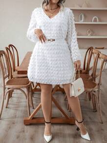 Celure 大碼素色毛茸茸洋裝不附腰帶 - 白色 - 查看 3