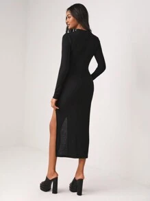 Tephy Designer Cut Out Front Split Thigh Elegant Dress, For Holiday, Vacation - Black - View 2