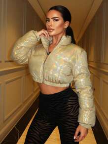 SHEIN SXY Holographic Mock Neck Zip Up Crop Padded Coat - Gold - View 1