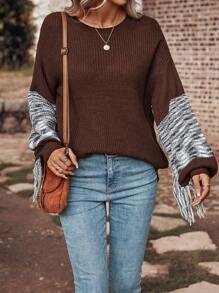 SHEIN LUNE Space Dye Fringe Trim Drop Shoulder Sweater - Multicolor - View 4