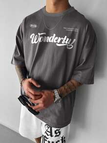 Manfinity Hypemode Men Slogan Graphic Drop Shoulder Tee - Dark Grey - View 1