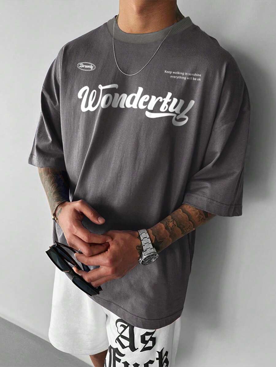 Manfinity Hypemode Men Slogan Graphic Drop Shoulder Tee - Dark Grey - View 1
