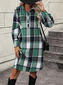 SHEIN LUNE Plaid Print Half Button Shirt Dress - Green - View 1