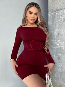 VaVaBold 纯色紧身连衣裙 酒红色 女装 - 酒紅色 - 查看 3