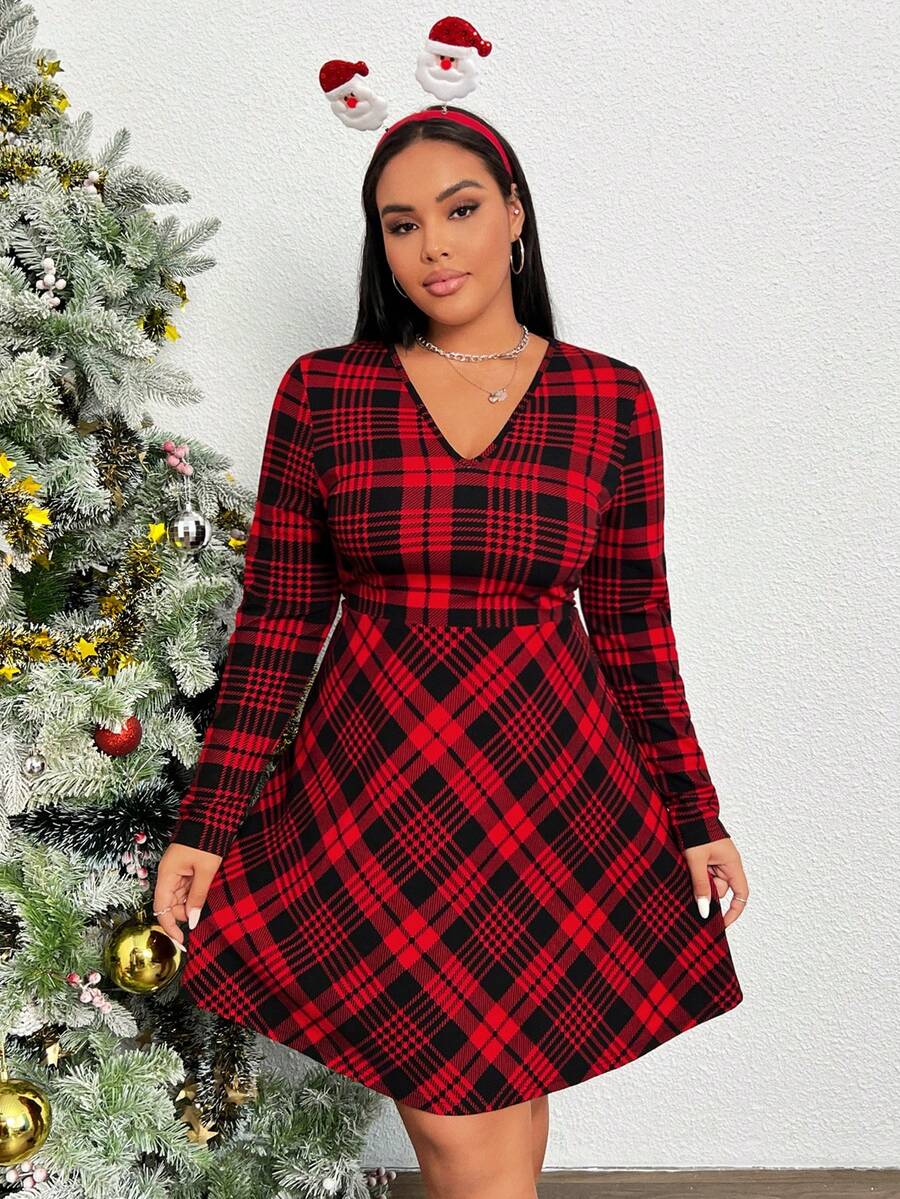 SHEIN EZwear Plus Plaid Print V Neck Dress - Red - View 1