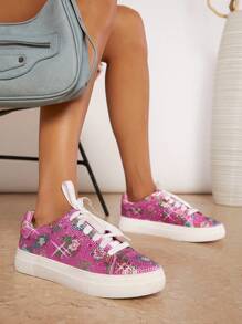 SHUZIA Floral Rhinestone Lace Up Front Sneakers Trainers - Red Violet - View 6