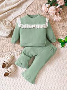 Baby Girl Ruffle Trim Sweatshirt & Flare Leg Pants - Green - View 1