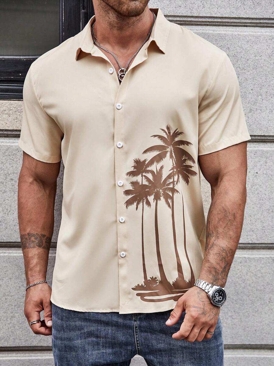 Manfinity RSRT Men Plus Coconut Tree Print Shirt - Khaki - View 1