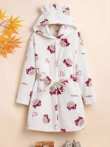 SHEIN Tween Girl Letter & Cartoon Graphic Hooded Belted Sleep Robe - Multicolor - View 4