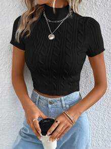 SHEIN Essnce Mock Neck Cable Knit Top - Black - View 1
