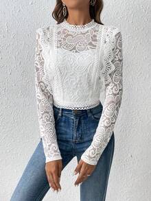 SHEIN Frenchy Mock Neck Lace Top Without Cami Top - White - View 4