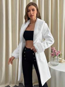 SHEIN Privé Fuzzy Vòng cổ Túi Kép Thắt lưng Áo khoác - Hồng - Xem 4