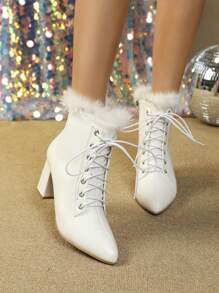 Giày bốt cao đến mắt cá chân có dây buộc lông thời trang ngoài trời dành cho nữ, có dây kéo bên hông, mũi nhọn - trắng - Xem 5