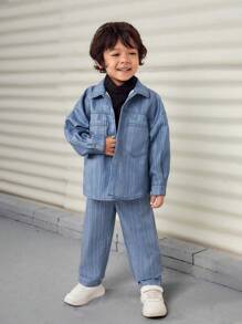 SHEIN Young Boys Casual Loose Jeans Texture Lapel Jacket + Straight Pants Set, Thermal Lined, Thickened - Blue - View 4