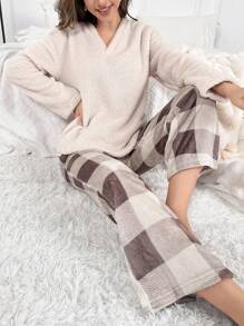 格紋印花絨布休閒服套裝 - 彩色 - 查看 1