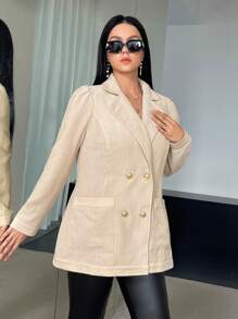 SHEIN Privé Plus Double Breasted Pocket Patched Blazer - Apricot - View 4