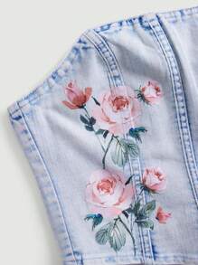 SHEIN MOD Floral Embroidery Curved Hem Tube Denim Top - Light Wash - View 4