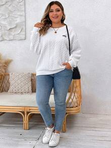 SHEIN LUNE Plus Letter Patched Drop Shoulder Sweatshirt - White - View 4