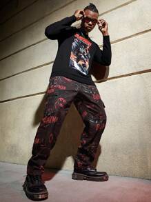 ROMWE MEN Batman X ROMWE Hombres Pantalones cargo con estampado de letra y dibujos animados de cintura con cordón - Multicolor - Ver 3