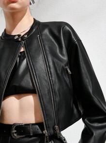 SHEIN Unity 拉鏈開襟PU皮革短夾克 - 黑色 - 查看 7