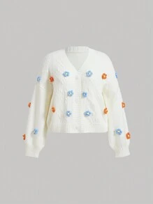 SHEIN MOD Talla grande Cárdigan con bordado floral aplique de hombros caídos tejido de cable - Albaricoque - Ver 1