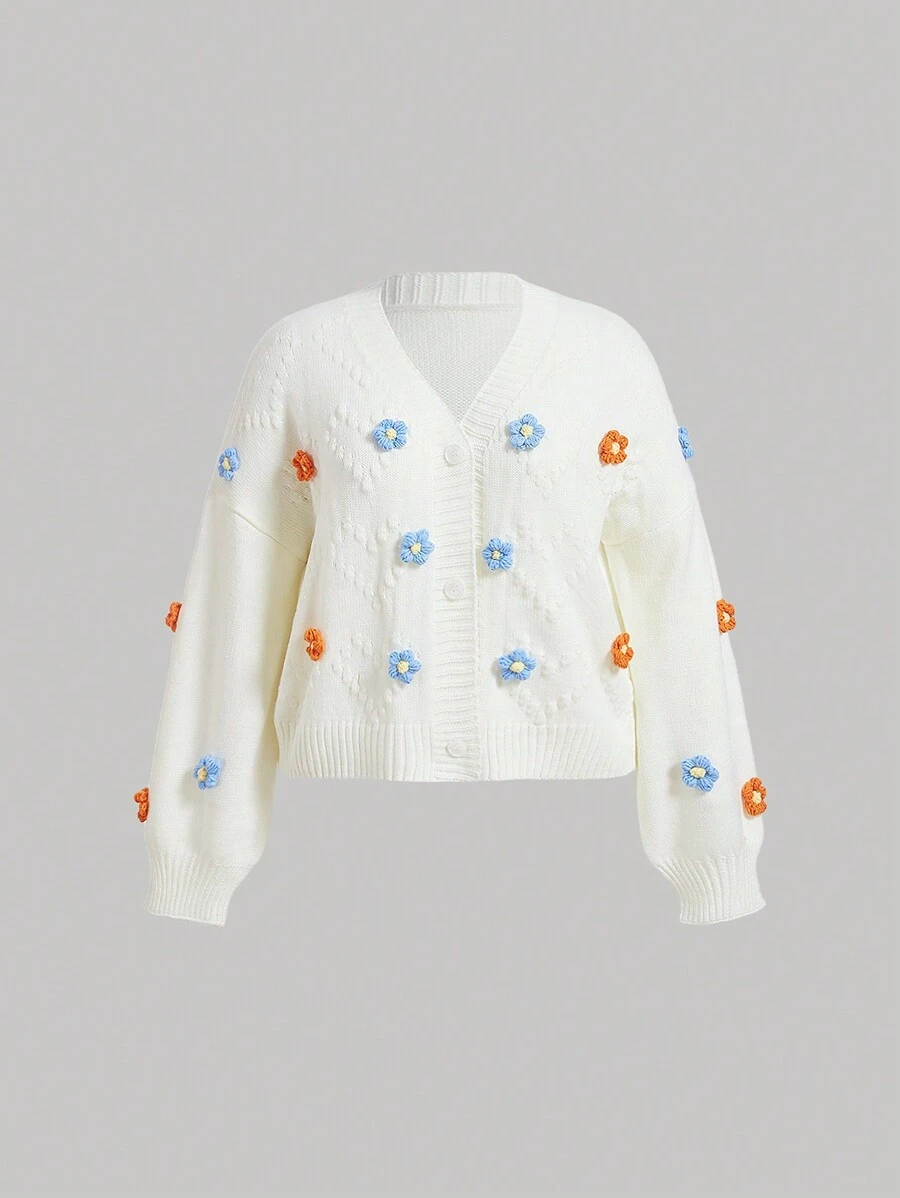 SHEIN MOD Talla grande Cárdigan con bordado floral aplique de hombros caídos tejido de cable - Albaricoque - Ver 1