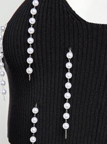 Hauture Pearls Beaded Crop Halter Knit Top - Black - View 7